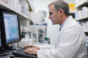 Scientist analyzes data on computer, a Photo by Pavel_design