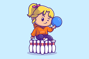 Cute Girl Playing Bowling Cartoon, a Sport Illustration by Catalyst Labs