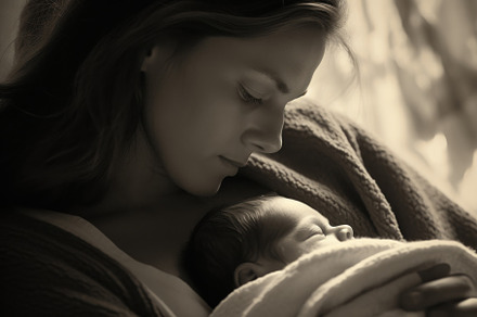 Mother and her newborn baby wrapped in a blanket. Sepia. Generat, a Person Photo by AS photostudio