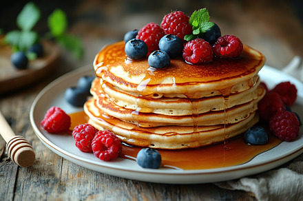 Delicious pancakes stacked high with fresh berries and sweet syrup on a rustic, a Food & Drink Photo by AlyaAnd