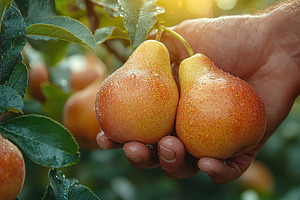 Male hand picking ripe pears fruit from tree branch, a Food & Drink Photo by AlyaAnd
