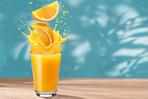 Glass of orange juice with orange splash on the table and stucco, a Food & Drink Photo by Volff