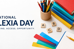 International Dyslexia Day educational banner with colorful penc