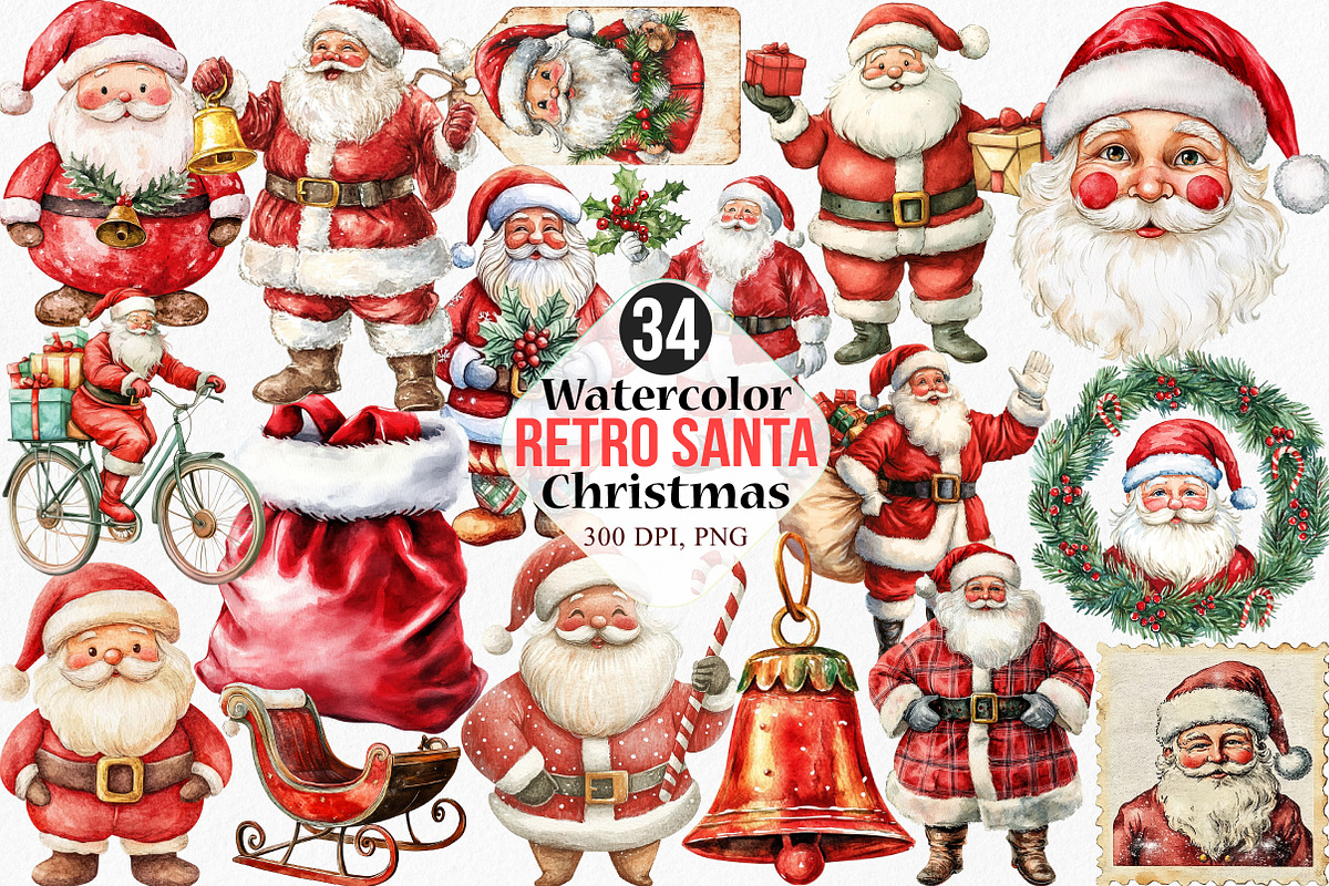 Retro Santa Christmas Clipart, an Illustration by Canvas Craft (Photo 1 of 7)