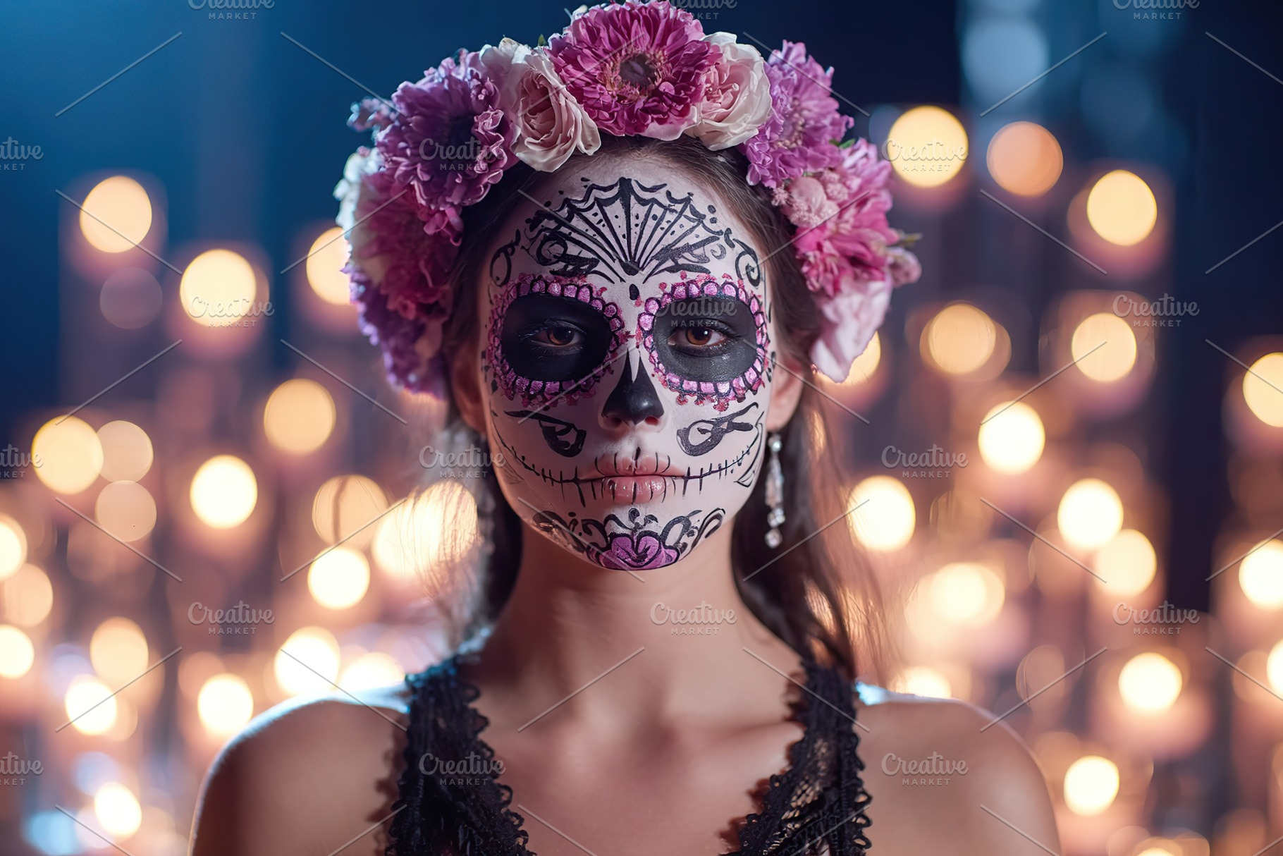 Celebrating tradition with vibrant face paint and flowers for a cultural event, a Person Photo by AlyaAnd