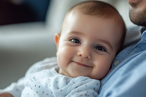 Baby smiles happily while being held by a parent at home during the afternoon, a Person Photo by AlyaAnd