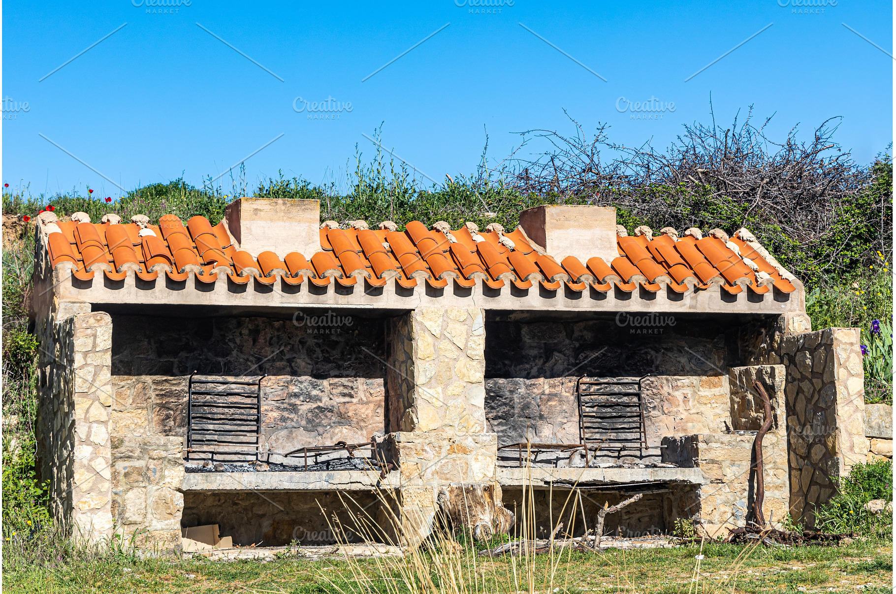 Double outdoor brick barbecue in, an Architecture Photo by Illustrations&photos