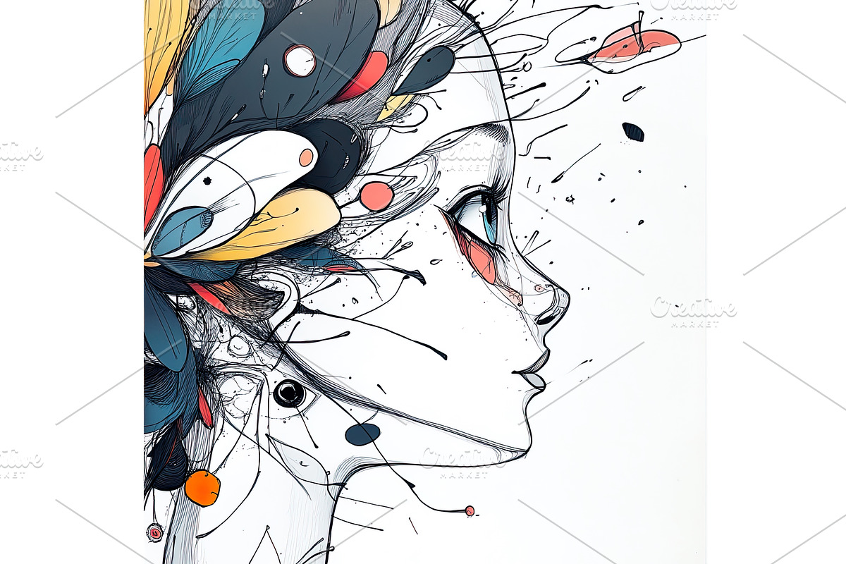 Woman profile sketch with abstract, an Illustration by Lermont51