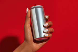 Person holding a silver can on red, a Photo by Beautiful things