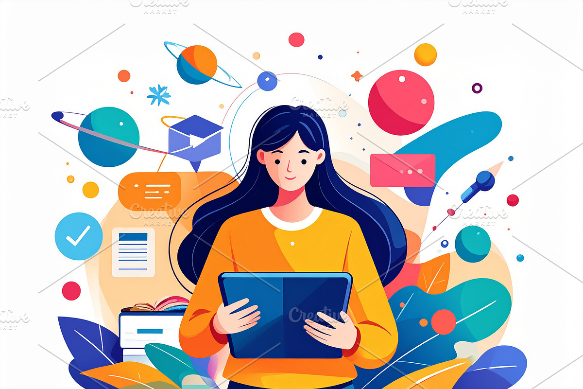 Illustration of a person learning through digital equipments, an Education Illustration by DanFLCreativo