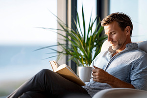 Relaxed man reading book and drink, a Person Photo by MistyDay