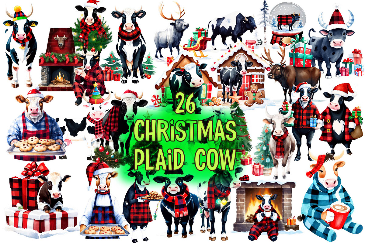 Christmas Plaid Cow Clipart-2, an Illustration by Wow Magic (Photo 1 of 4)