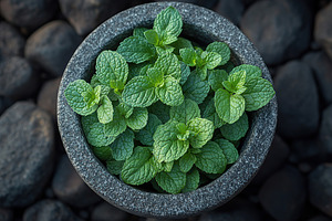 Green mint leaves in modern stone mortar, a Food & Drink Photo by AlyaAnd