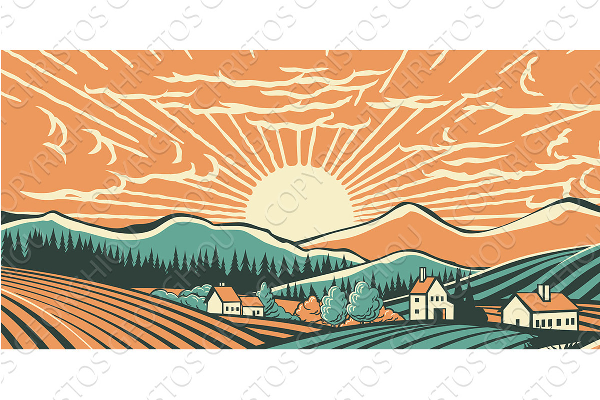 Fields Rolling Hills Sunrise Farm, an Illustration by Christos Georghiou