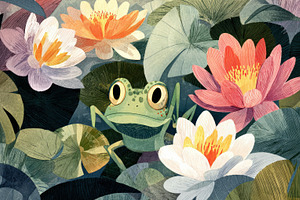 Frog among lilies in a garden, a Photo by Beautiful things