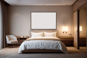 Hotel room with a framed picture mockup hangs directly on the wall, an Architecture Photo by zakiroff