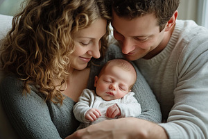 Happy mother and father holding newborn baby, a Person Photo by AlyaAnd