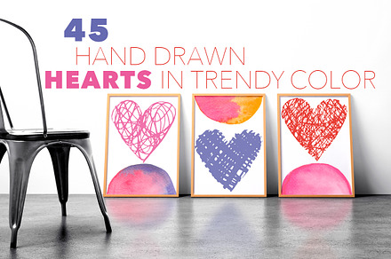 45 Hand drawn hearts in trendy color