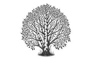 Bare Birch Tree Engraving Vector