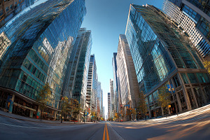 Tall buildings line a bustling city, a Photo by Pavel_design