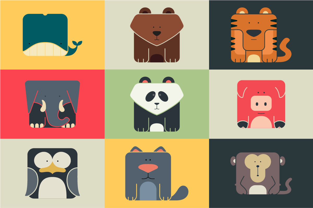 Set flat square icons of a animals, an Icon by Andrew Bzh.