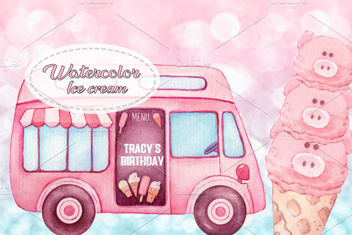 Watercolor Ice cream Clip Arts #2, an Animal Illustration by Whimseez (Photo 2 of 4)