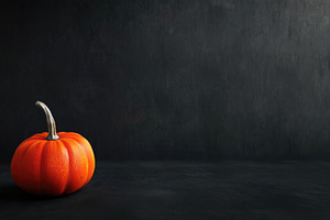 Single orange pumpkin on dark black background with copy space