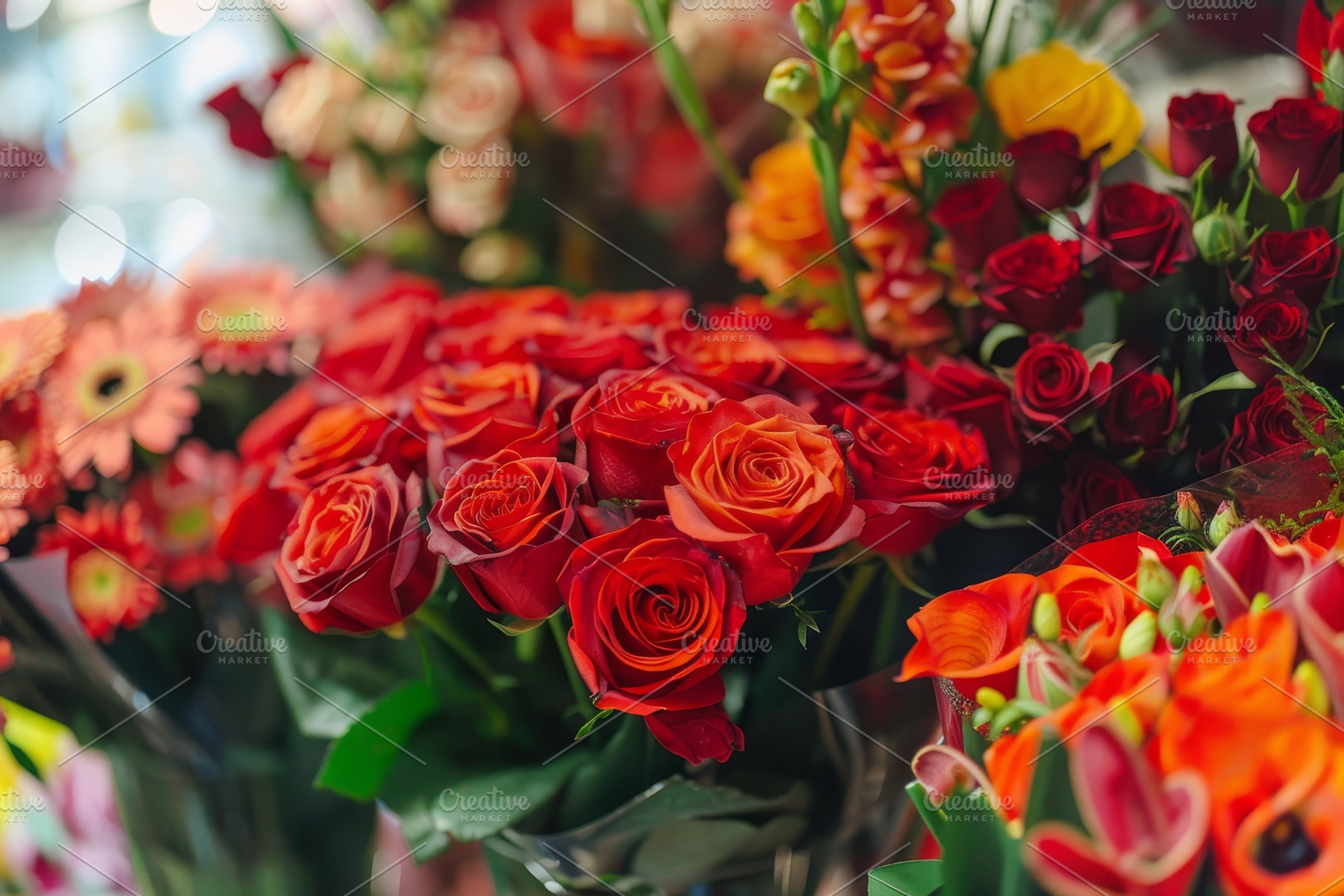 A colorful bouquet of red roses acco, a Photo by Tanuart