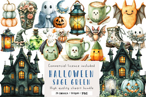 Sage Green Halloween Clipart, an Illustration by CreationArt
