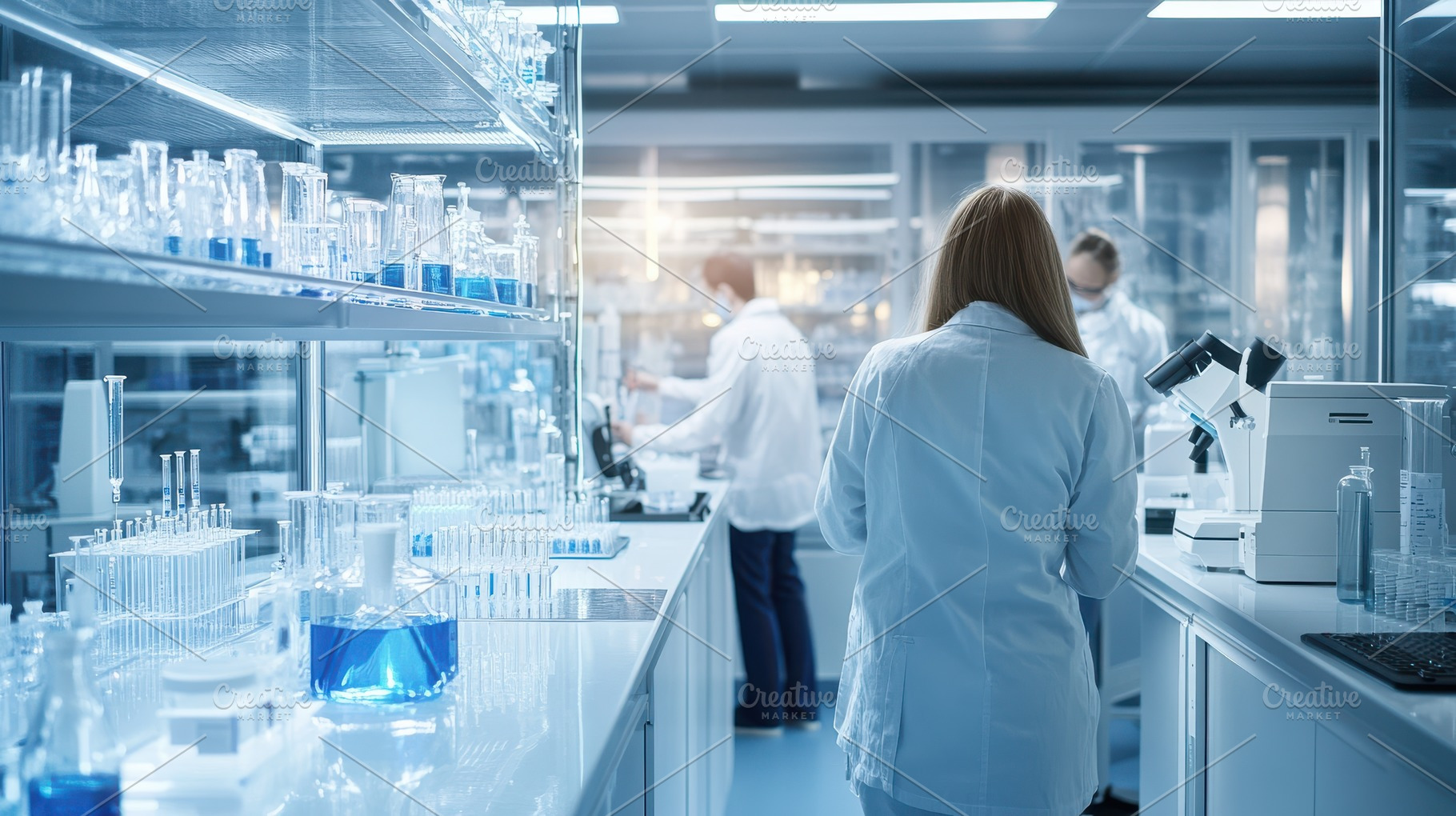 Scientists working in a modern, clea, a Health & Medical Photo by Pixeness Studio