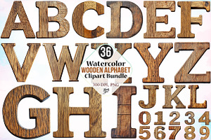 Watercolor Wooden Alphabet Clipart, an Illustration by Canvas Craft
