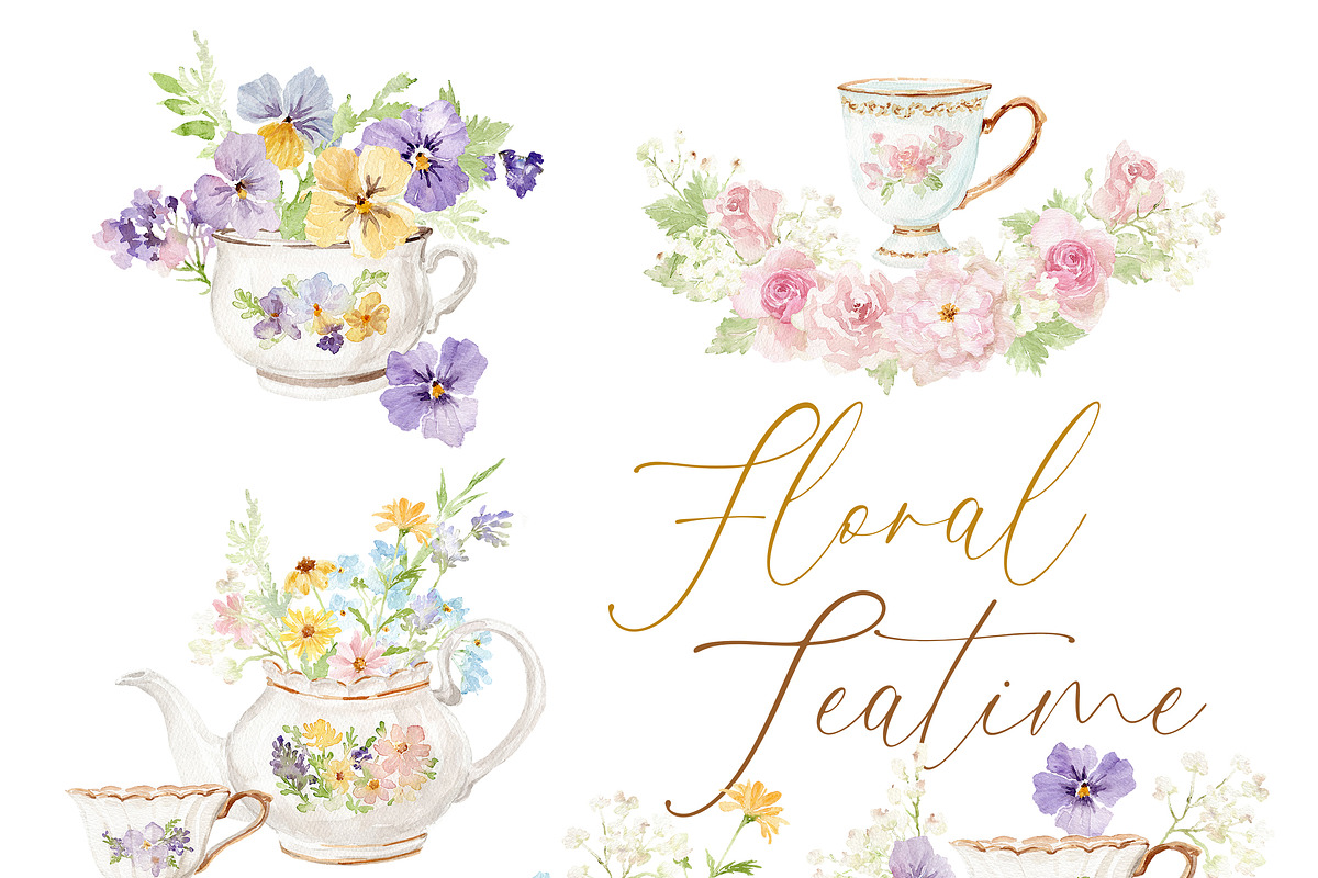 Watercolor Clipart - FLORAL TEATIME, a Decorative Illustration by Beigetime (Photo 8 of 9)