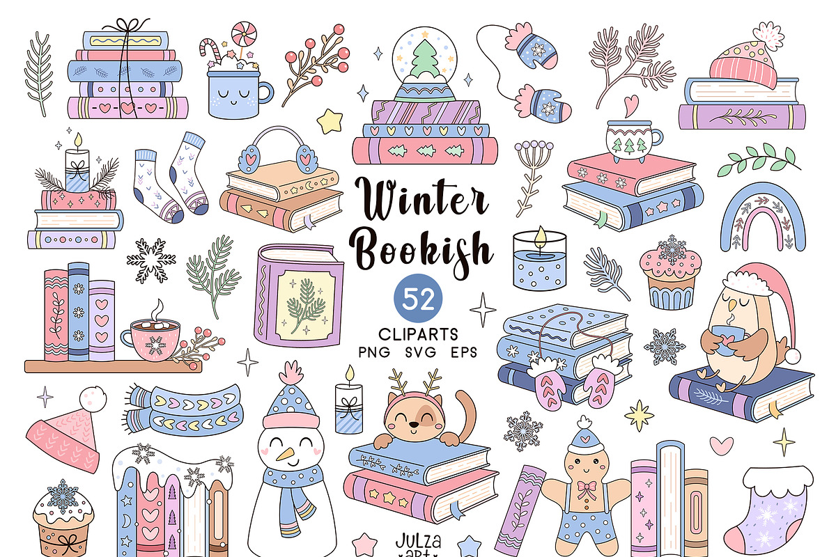 Winter Bookish Clipart, a Seasonal Illustration by JulzaArt (Photo 1 of 7)