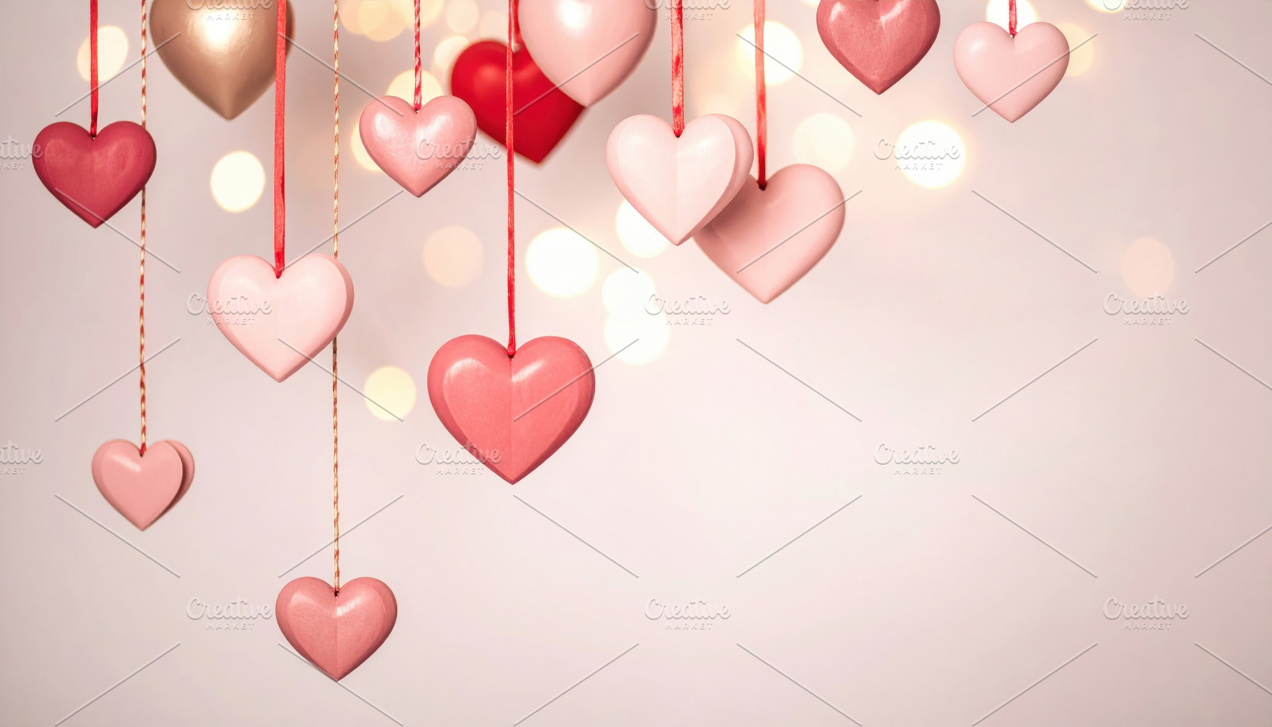 Hanging Pink and Red Hearts with Soft Bokeh, a Background Photo by Davizro's Market