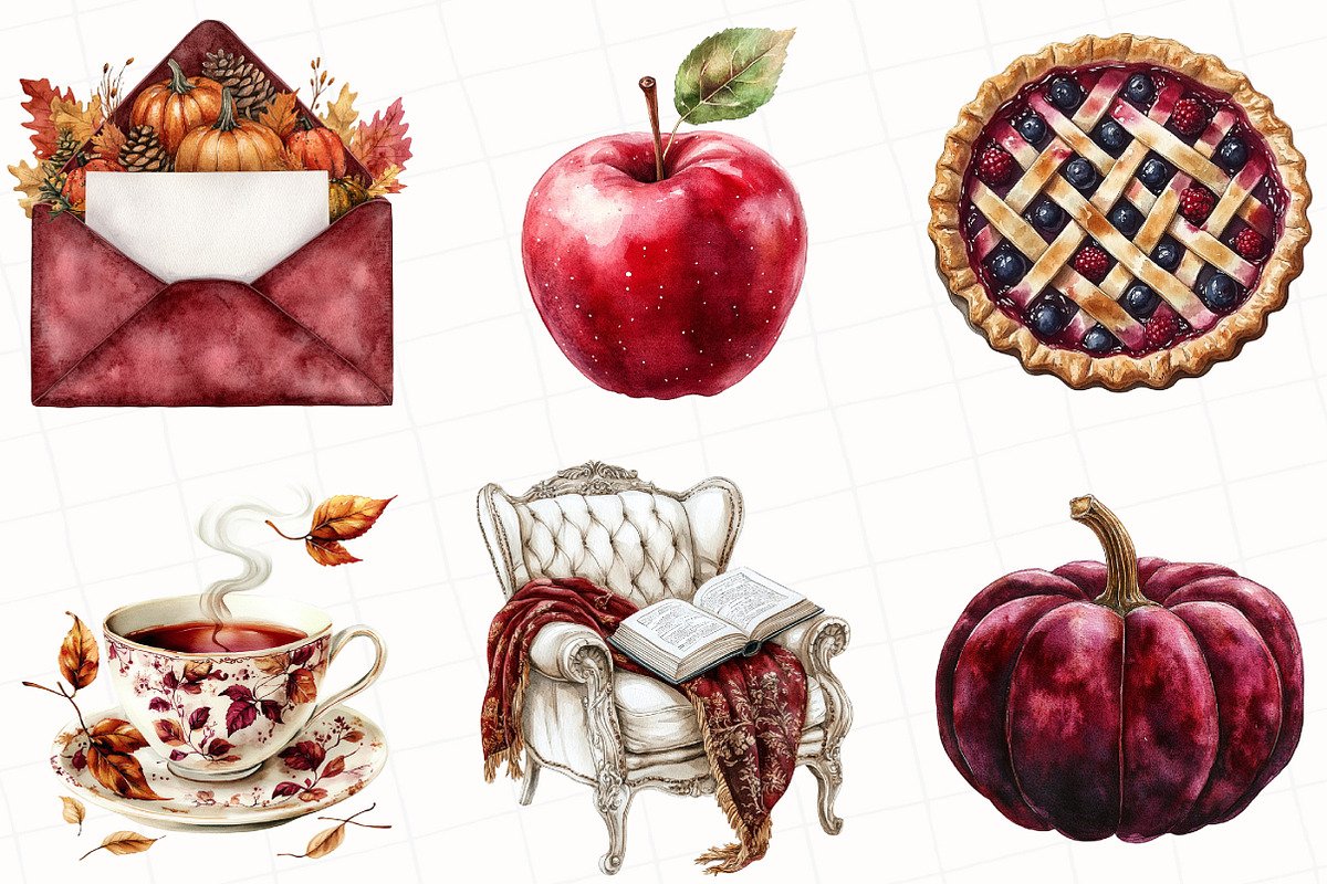 Watercolor Burgundy Autumn Clipart, an Illustration by OK Design (Photo 3 of 5)