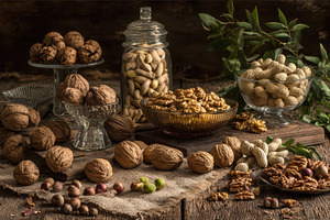 Assortment of nuts displayed on wood, a Photo by Pavel_design