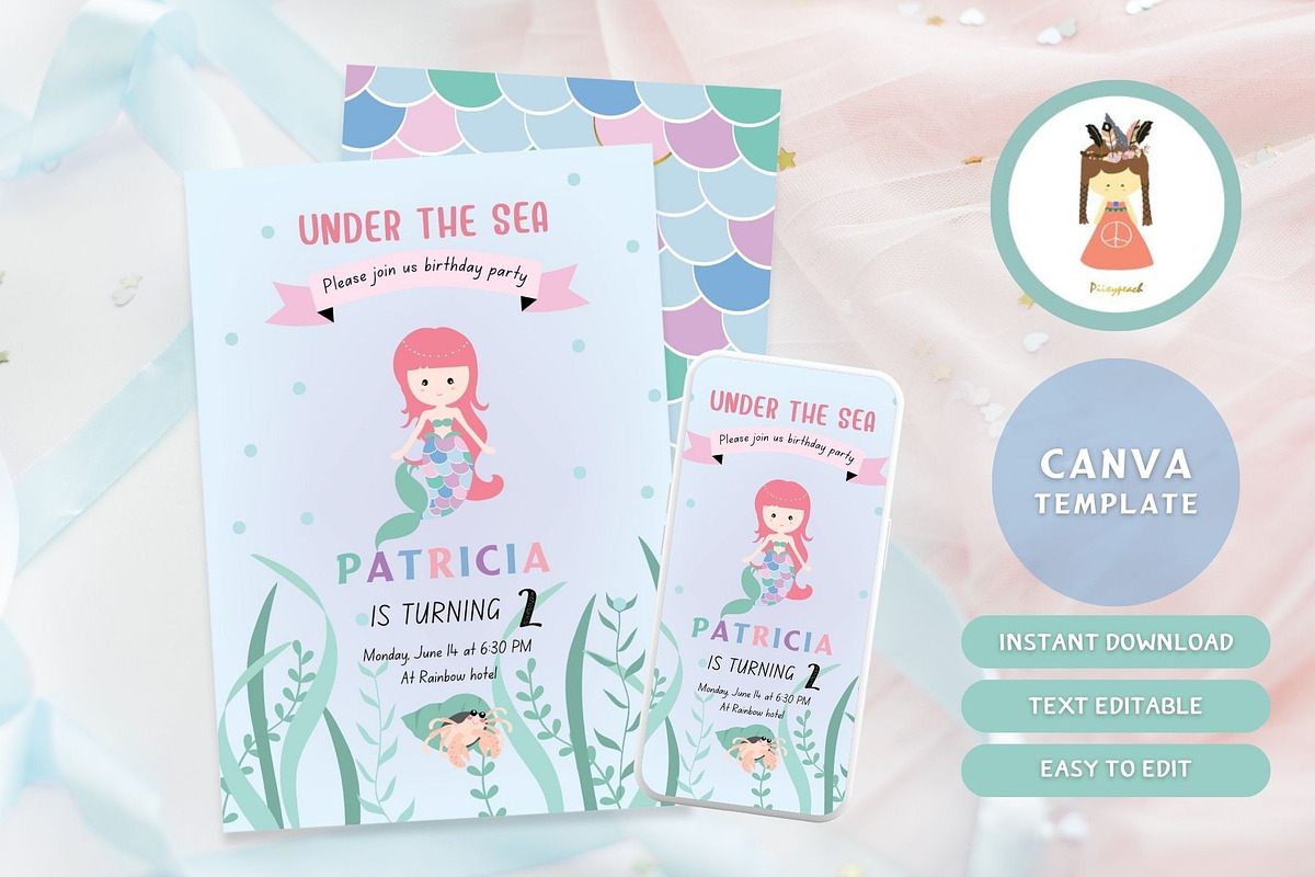 Cute girl mermaid invitation, a Card Template by Piixypeach (Photo 2 of 10)