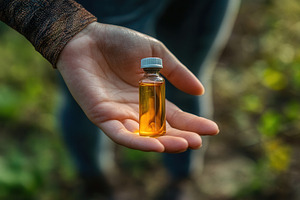 A hand holding a tiny vial of liquid, a Photo by Pavel_design