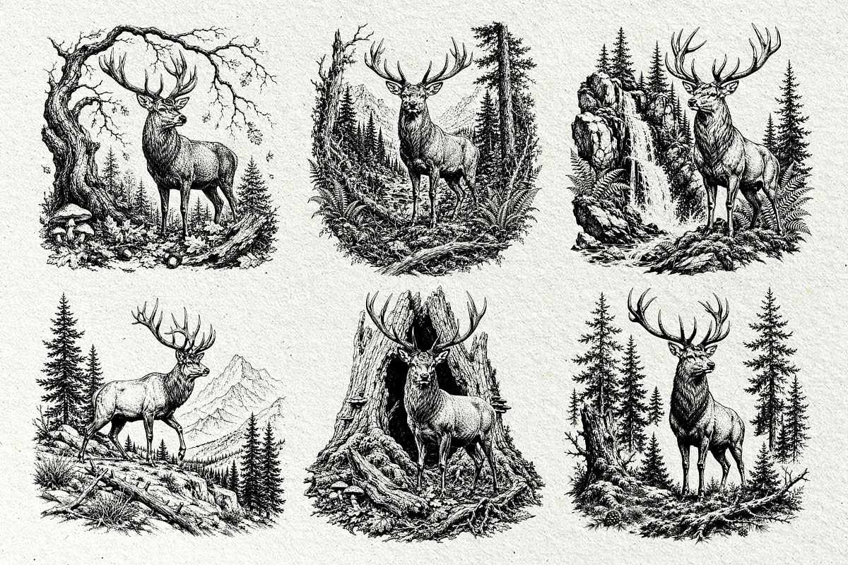 Woodland Deer Engraving Graphics, an Animal Illustration by DENIDigitalArtSudio (Photo 4 of 7)