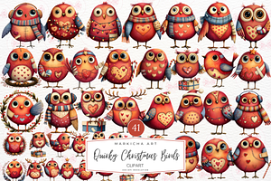 Quirky Christmas Birds Clipart, an Illustration by Markicha Art
