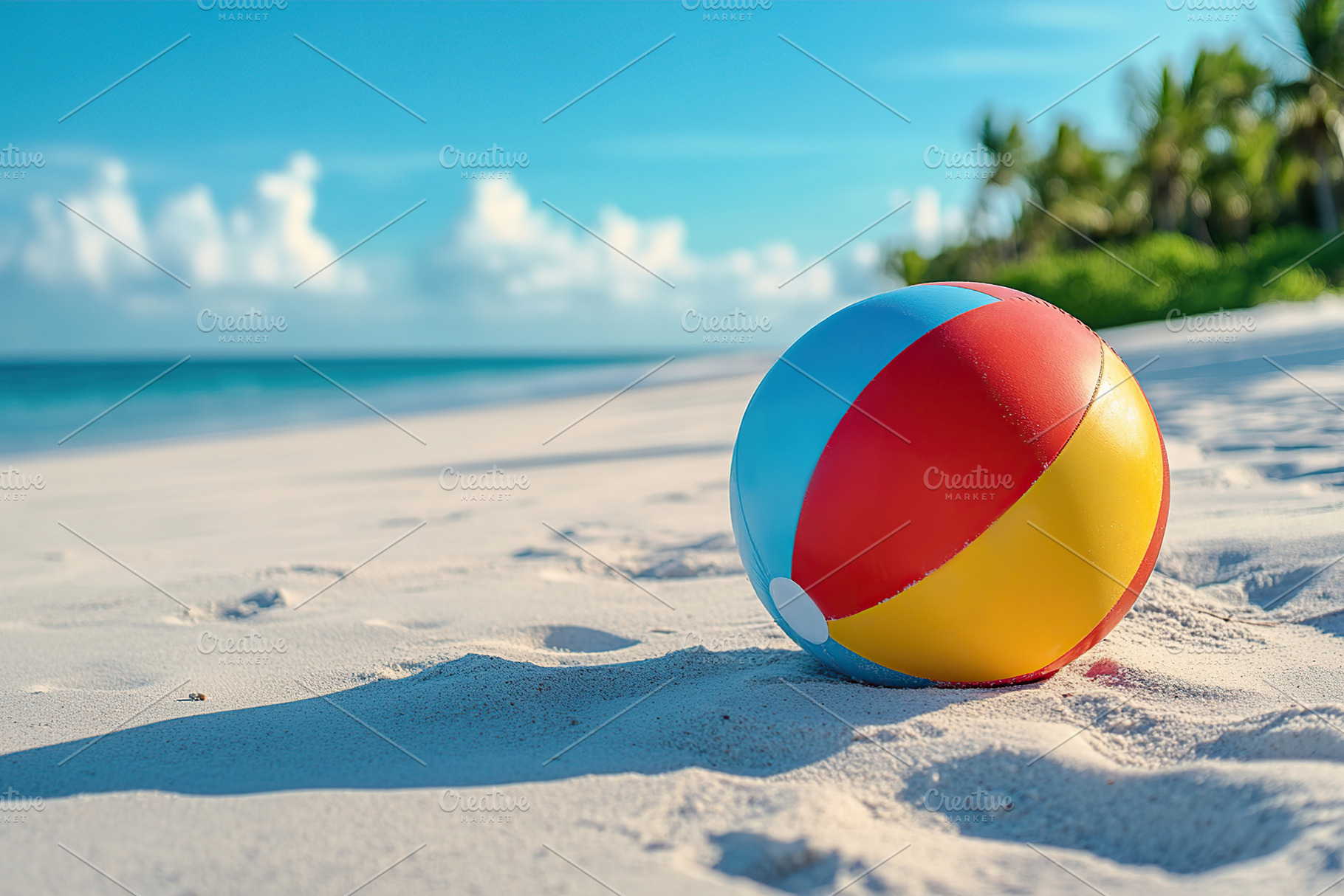 Colorful rubber beach ball resting on white sandy beach under clear blue sky, an Arts & Entertainment Photo by AlyaAnd
