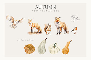 AUTUMN Watercolor Flowers & Animals