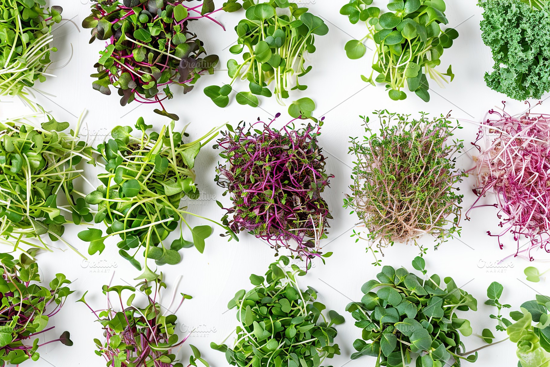 Different fresh microgreens on white background, a Food & Drink Photo by AlyaAnd