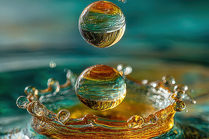 Golden Water Droplets Splashing Teal, a Photo by Pixeness Studio