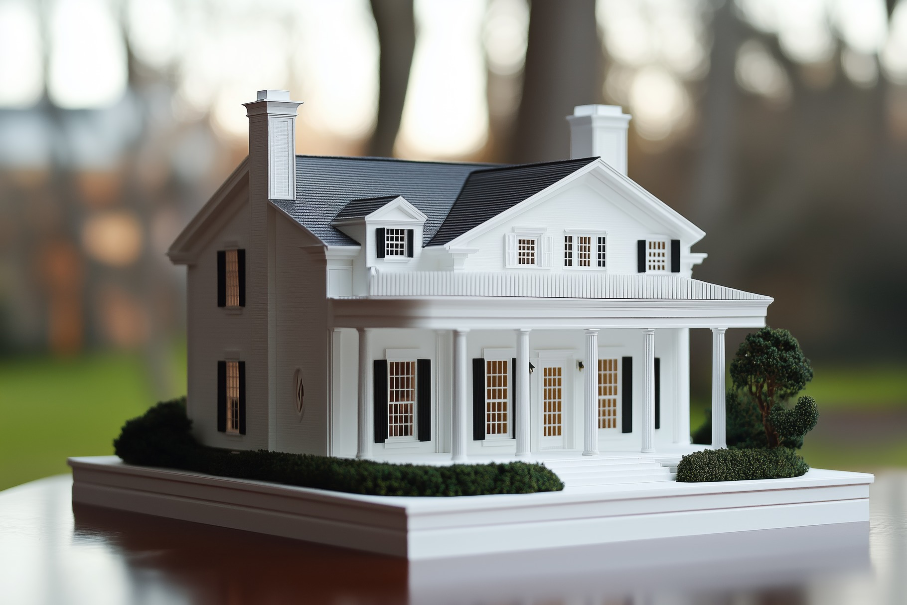 A detailed architectural model of a white colonial-style Colonial house ...
