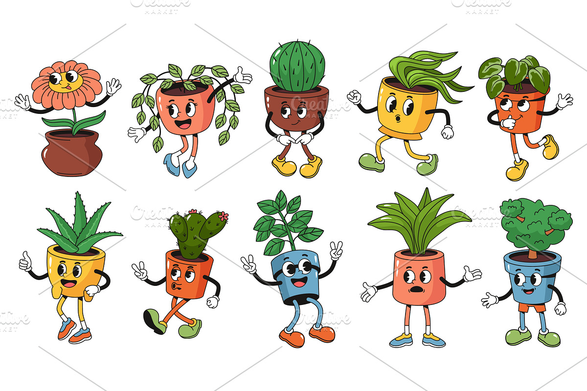 Retro cartoon potted plant, an Object Illustration by winwin.art