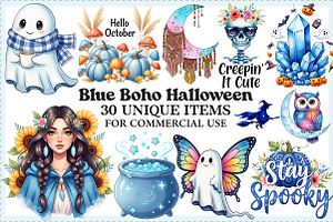 Blue Boho Halloween Sublimation PNG, an Illustration by Craft Nest