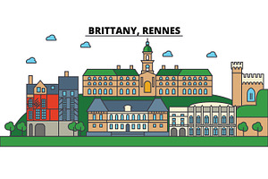 France, Brittany, Rennes. City Skyline: Architecture, Buildings, Streets, Silhouette, Landscape, Panorama, Landmarks. Editable Strokes. Flat Design Li