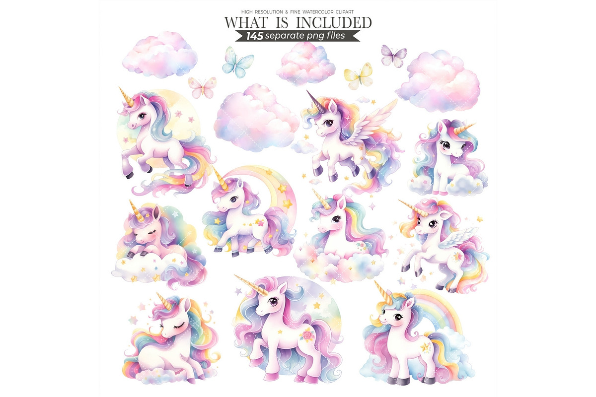Pastel Unicorn Watercolor Clipart, an Illustration by CharmClipart (Photo 3 of 10)
