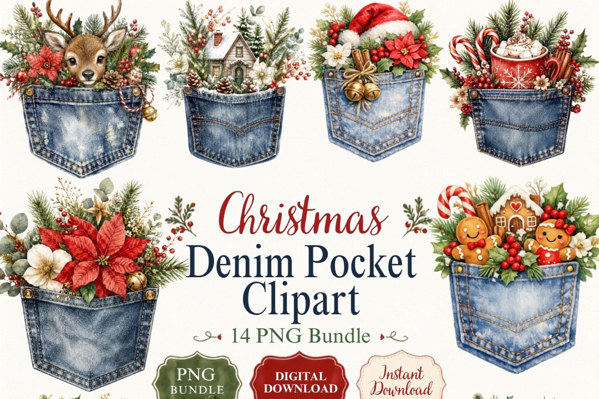 Christmas Denim Pocket Clipart, a Seasonal Illustration by Tanya Kart (Photo 1 of 9)